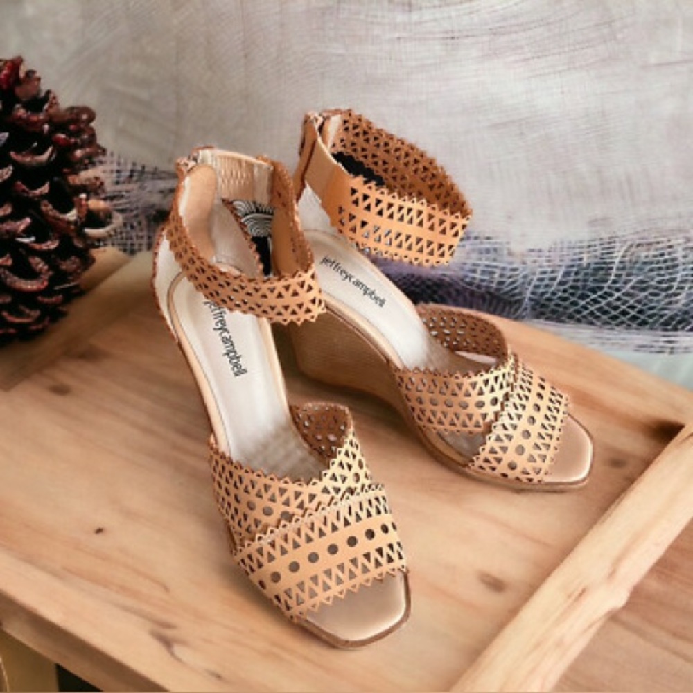 Free People Jeffrey Campbell Clara Tan Lazer Cut Wedge Sandal Sz 5.5